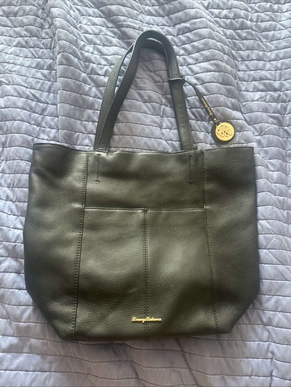 Tommy Bahama Black Pebbled Leather Tote with Gold Logo Charm